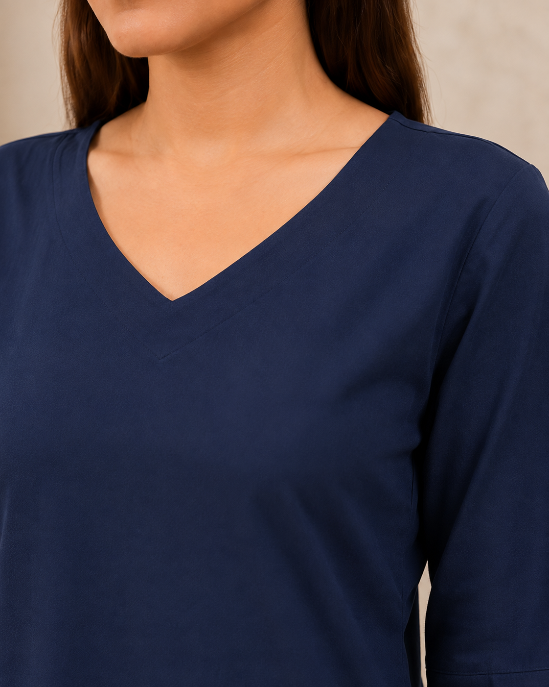 Navy Blue Solid V-Neck Bell Sleeve Cotton Kurti