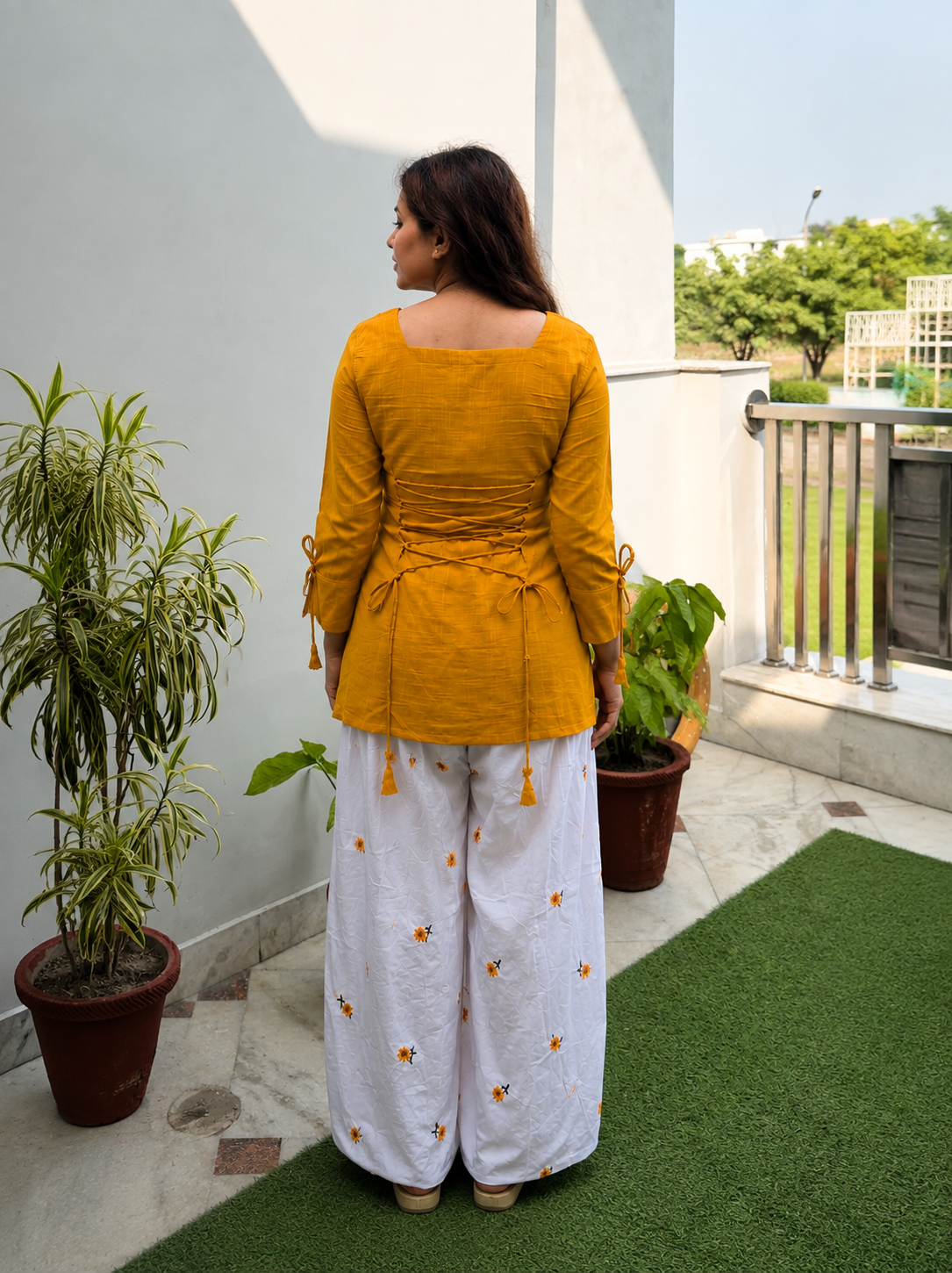 Sunflower Embroidered Farsi Salwar - Sunshine Yellow