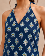 Indigo Blossom Botanical Halter Neck Cotton Kurti | Statement Floral Print — KUMAAI