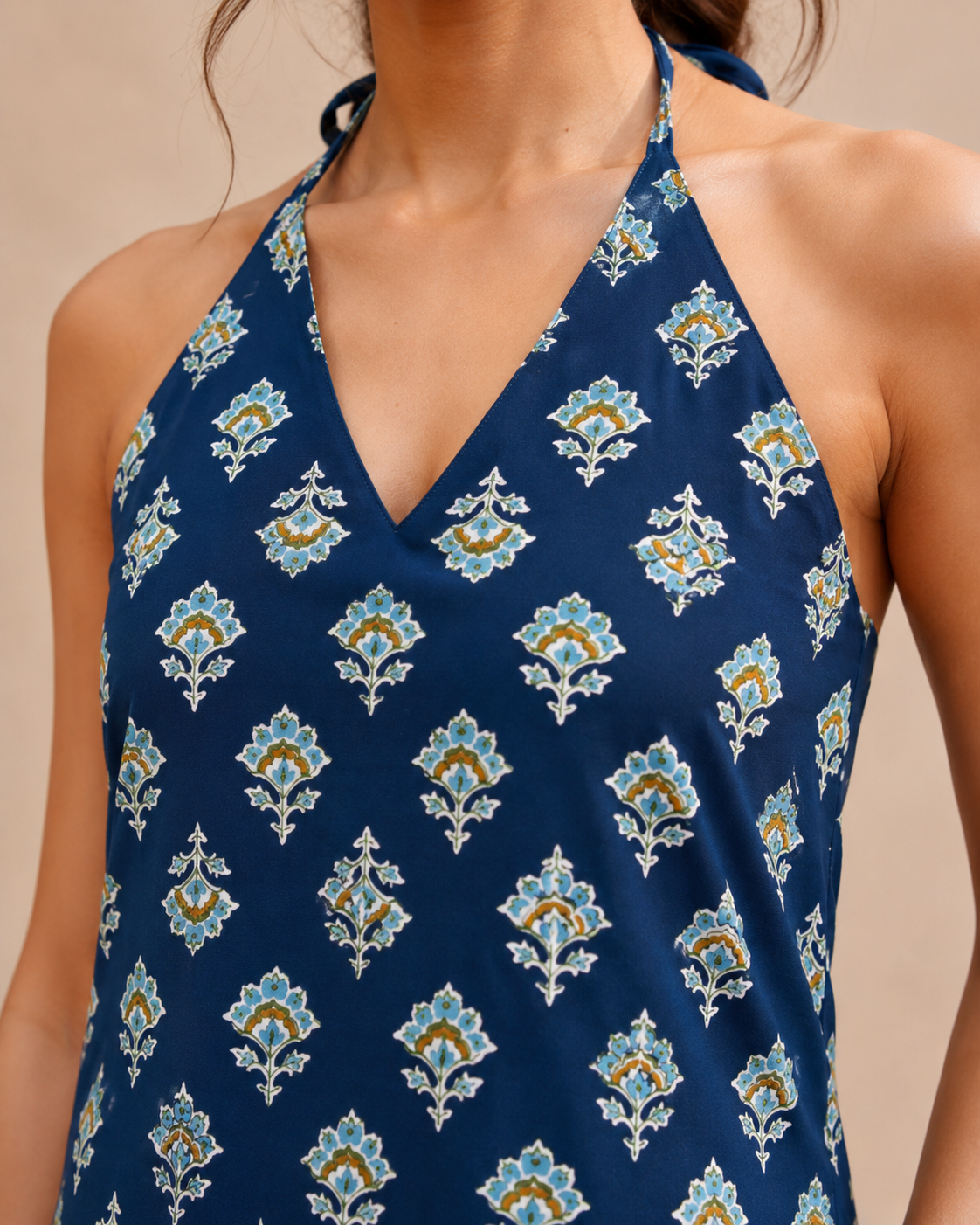 Indigo Blossom Botanical Halter Neck Cotton Kurti | Statement Floral Print — KUMAAI