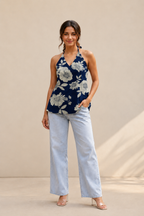 Indigo Blue Floral Halter Neck Kurti | Corset Back Kurti — KUMAAI
