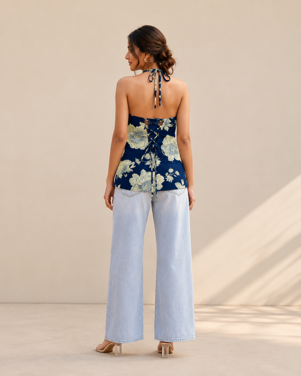 Indigo Blue Floral Halter Neck Kurti | Corset Back Kurti — KUMAAI