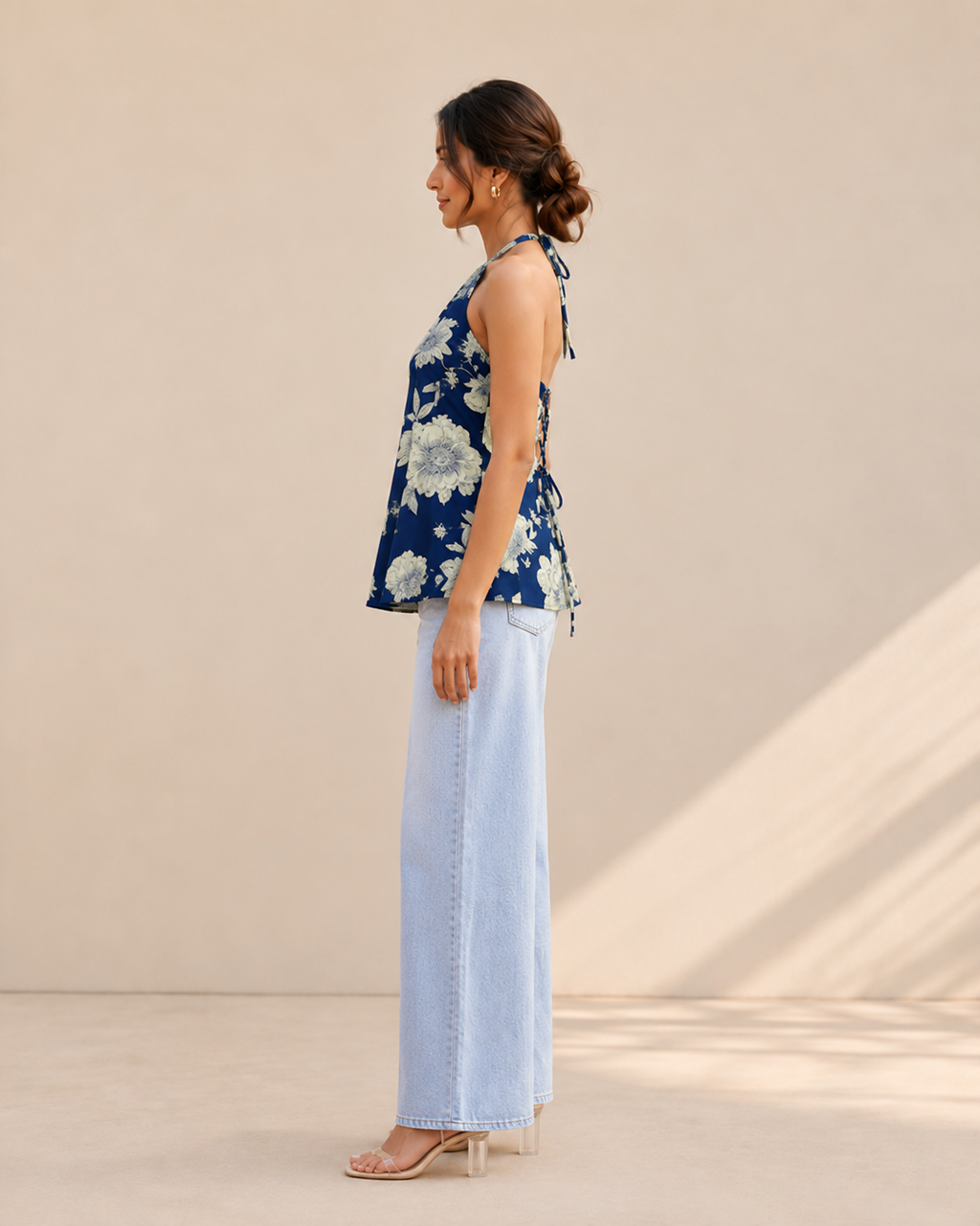 Indigo Blue Floral Halter Neck Kurti | Corset Back Kurti — KUMAAI