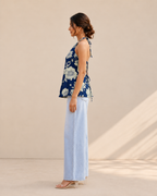 Indigo Blue Floral Halter Neck Kurti | Corset Back Kurti — KUMAAI