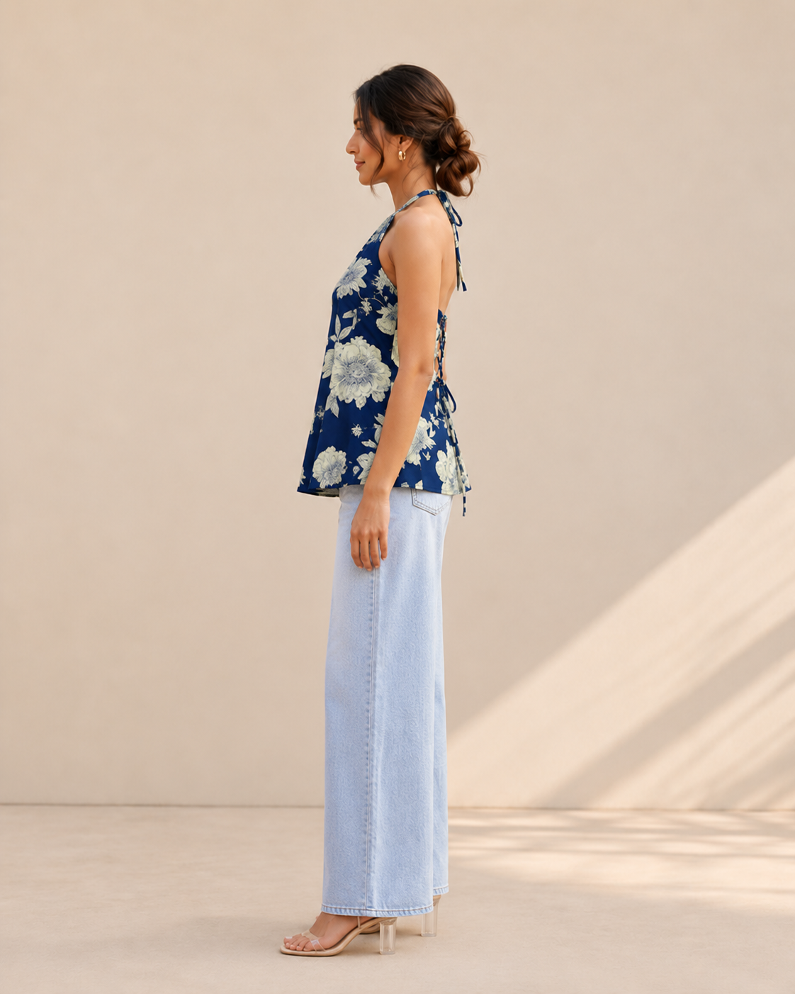 Indigo Blue Floral Halter Neck Kurti | Corset Back Kurti — KUMAAI