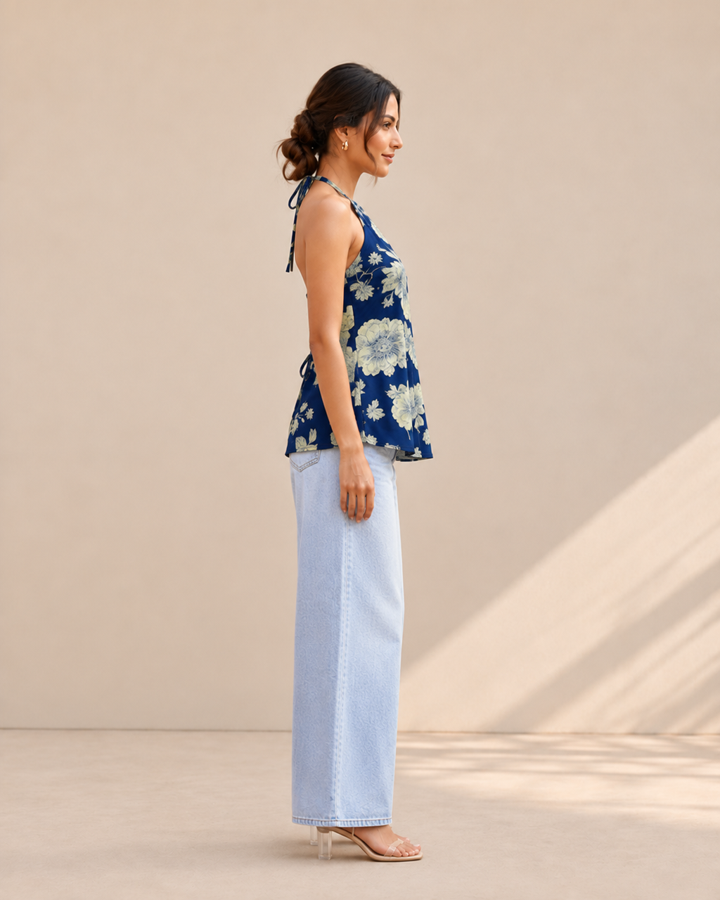 Indigo Blue Floral Halter Neck Kurti | Corset Back Kurti — KUMAAI