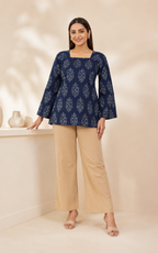 Navy Leaf Print Short Kurti | Bell Sleeve Back Dori Kurti — KUMAAI