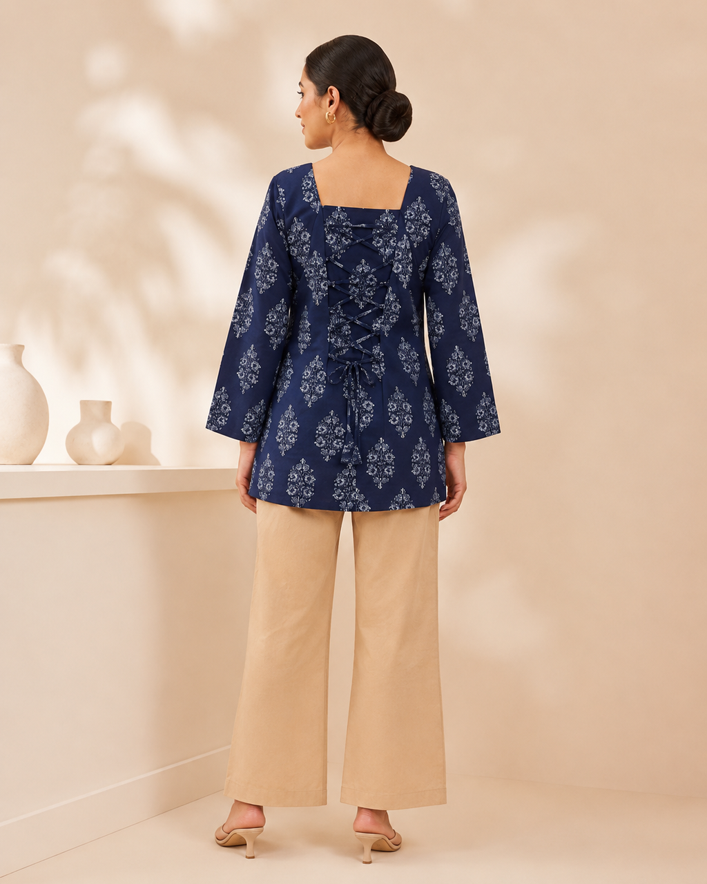 Navy Leaf Print Short Kurti | Bell Sleeve Back Dori Kurti — KUMAAI