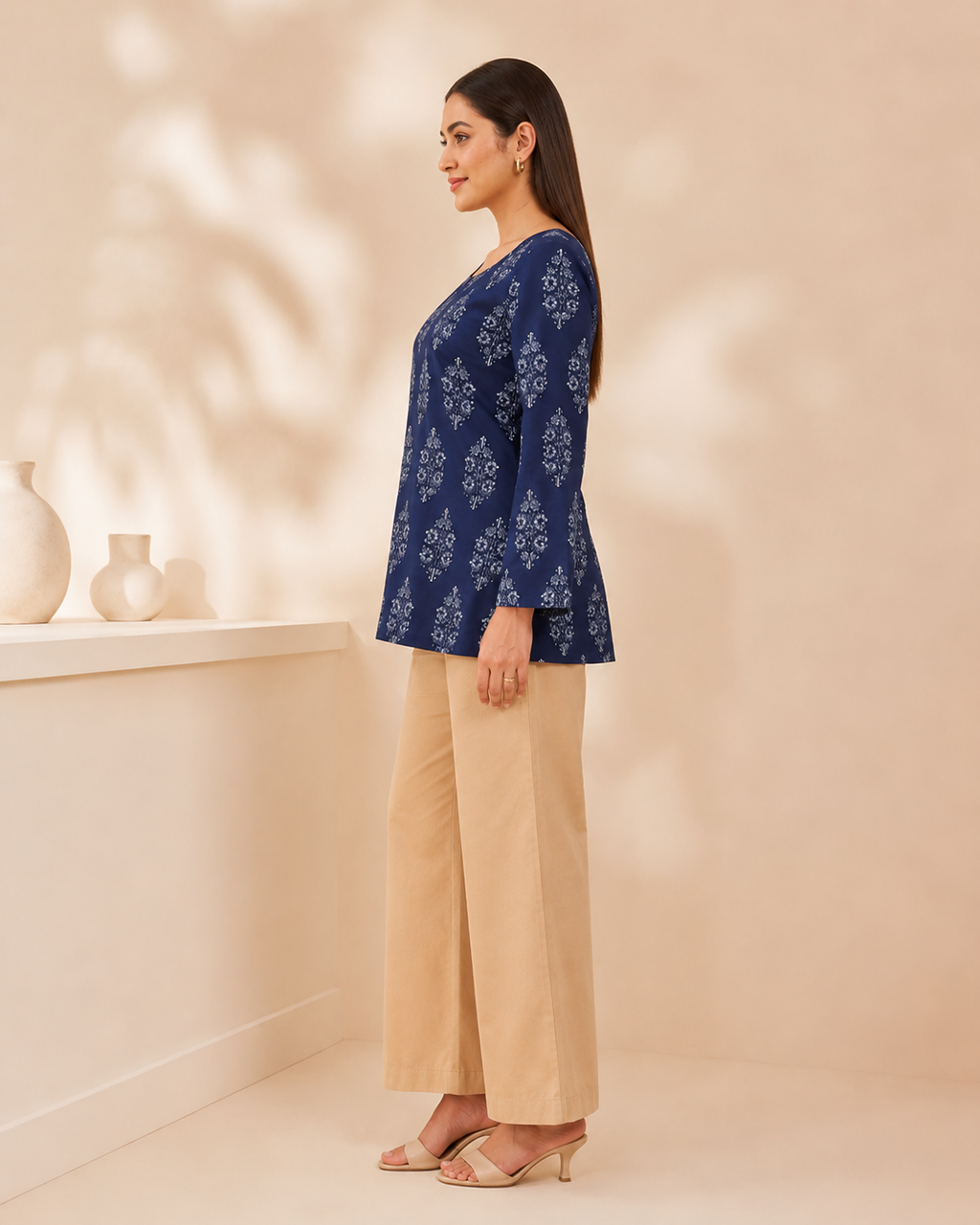 Navy Leaf Print Short Kurti | Bell Sleeve Back Dori Kurti — KUMAAI