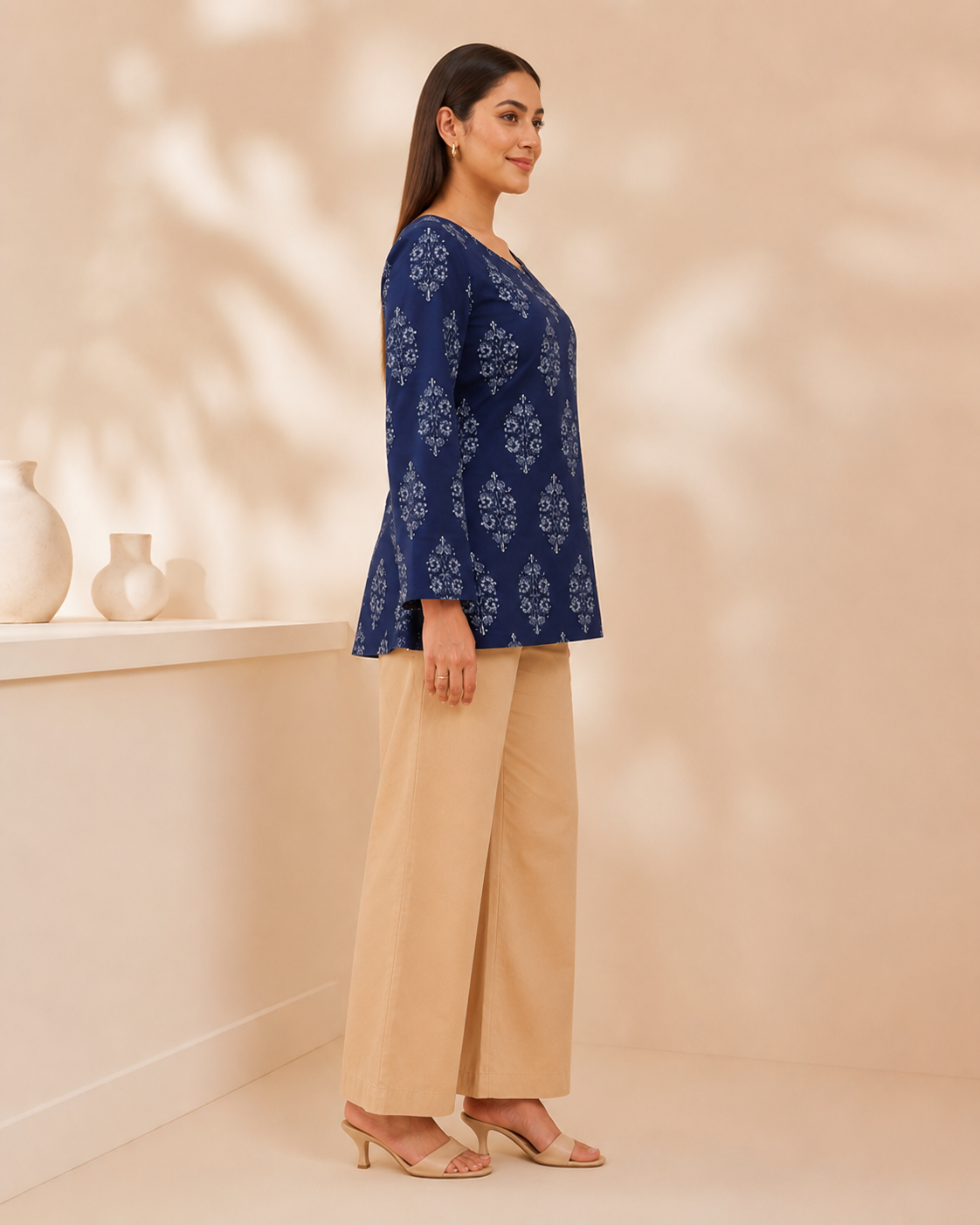 Navy Leaf Print Short Kurti | Bell Sleeve Back Dori Kurti — KUMAAI