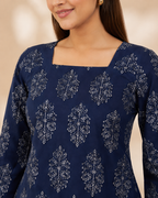 Navy Leaf Print Short Kurti | Bell Sleeve Back Dori Kurti — KUMAAI
