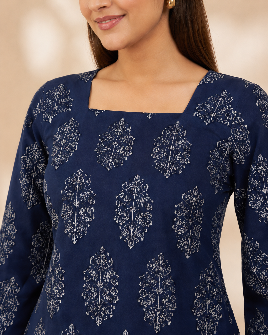 Navy Leaf Print Short Kurti | Bell Sleeve Back Dori Kurti — KUMAAI