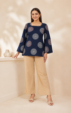 Midnight Navy Mandala Print Short Kurti | Bell Sleeve Kurti — KUMAAI