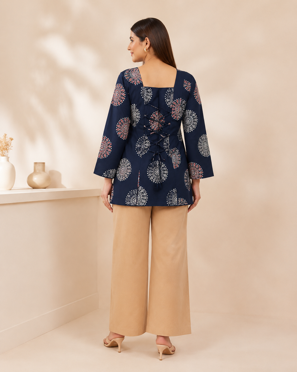 Midnight Navy Mandala Print Short Kurti | Bell Sleeve Kurti — KUMAAI