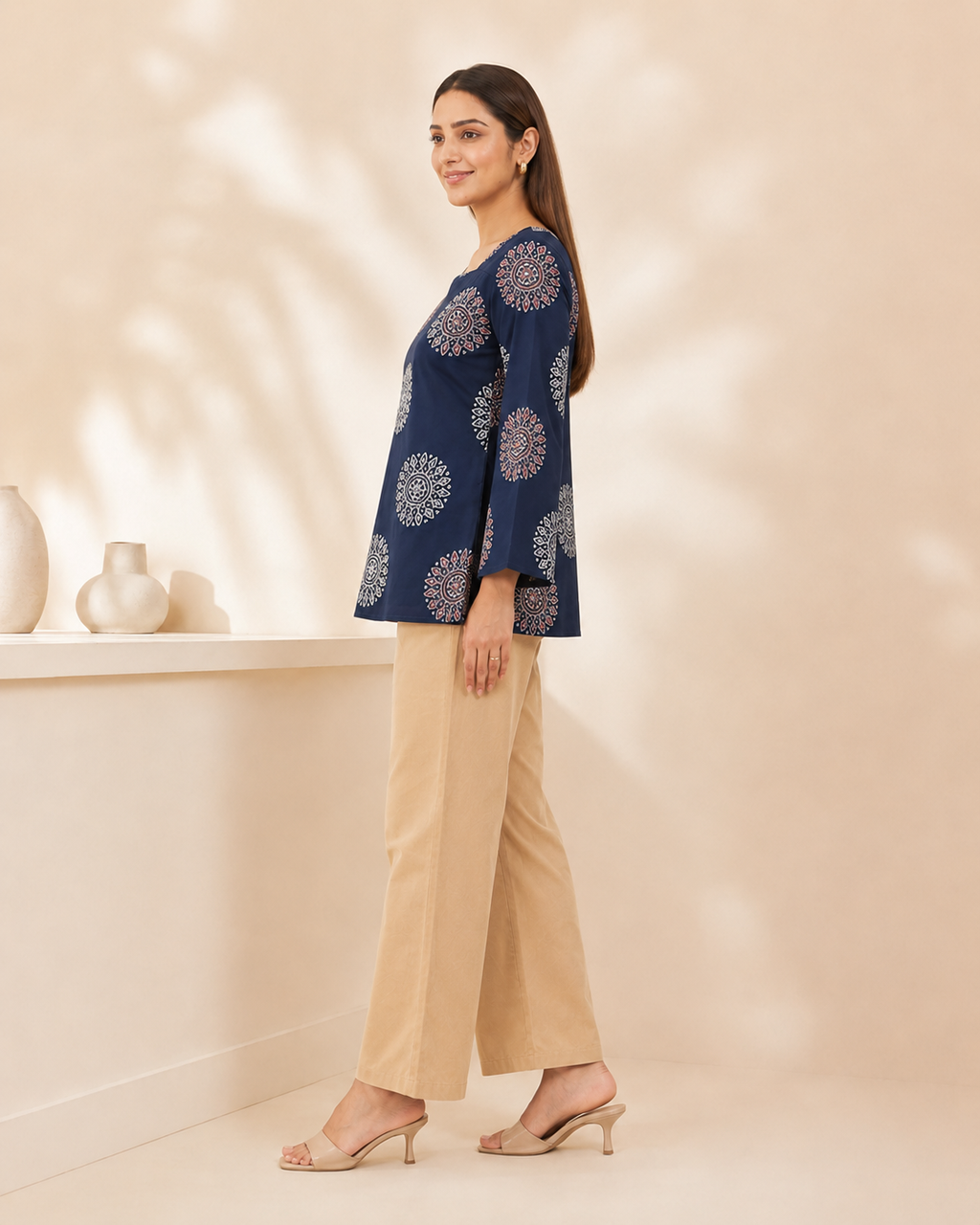 Midnight Navy Mandala Print Short Kurti | Bell Sleeve Kurti — KUMAAI