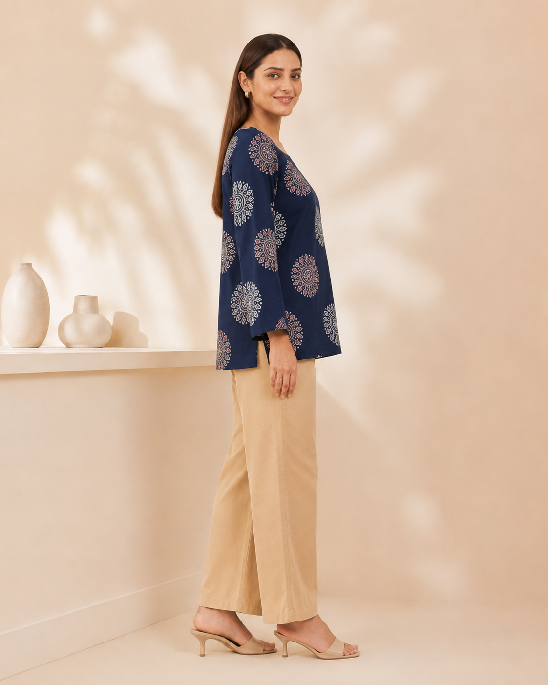 Midnight Navy Mandala Print Short Kurti | Bell Sleeve Kurti — KUMAAI
