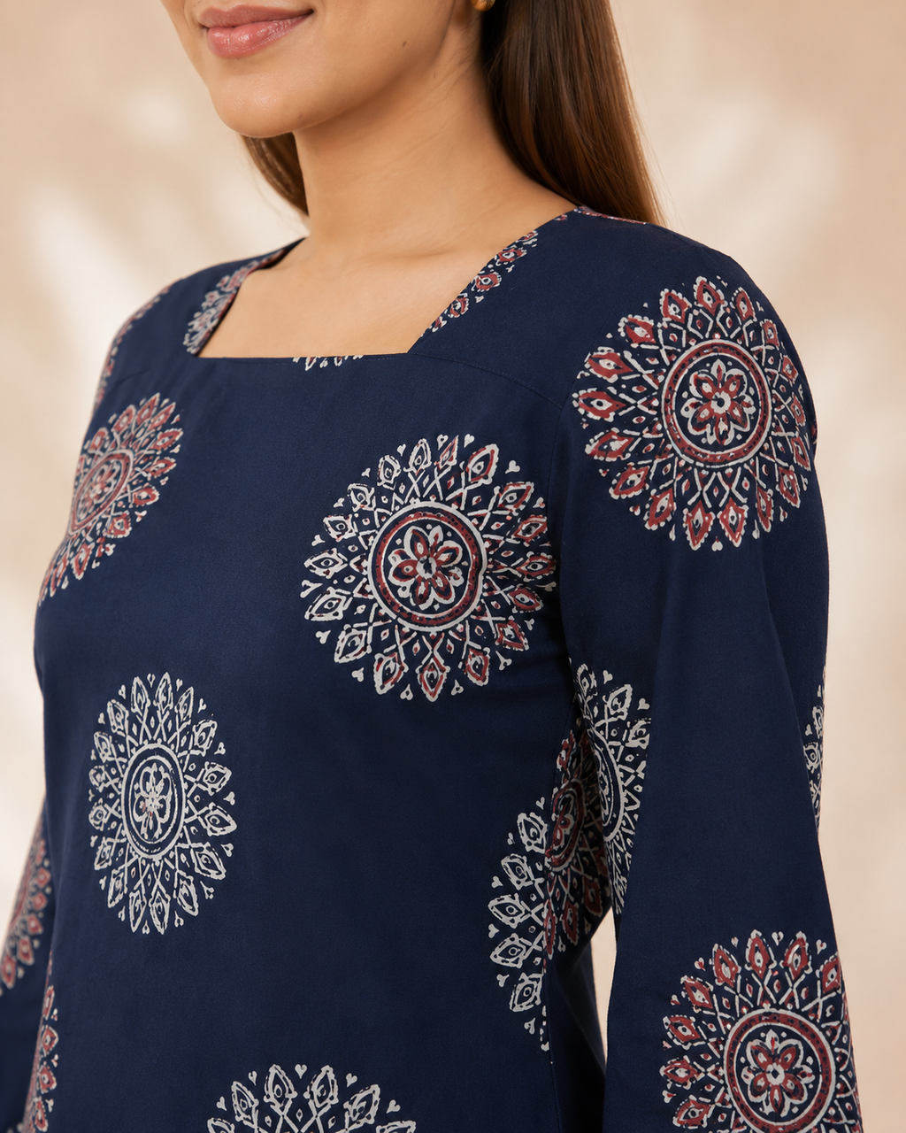 Midnight Navy Mandala Print Short Kurti | Bell Sleeve Kurti — KUMAAI