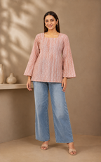 Blush Pink Geometric Print Short Kurti | Bell Sleeve Kurti — KUMAAI