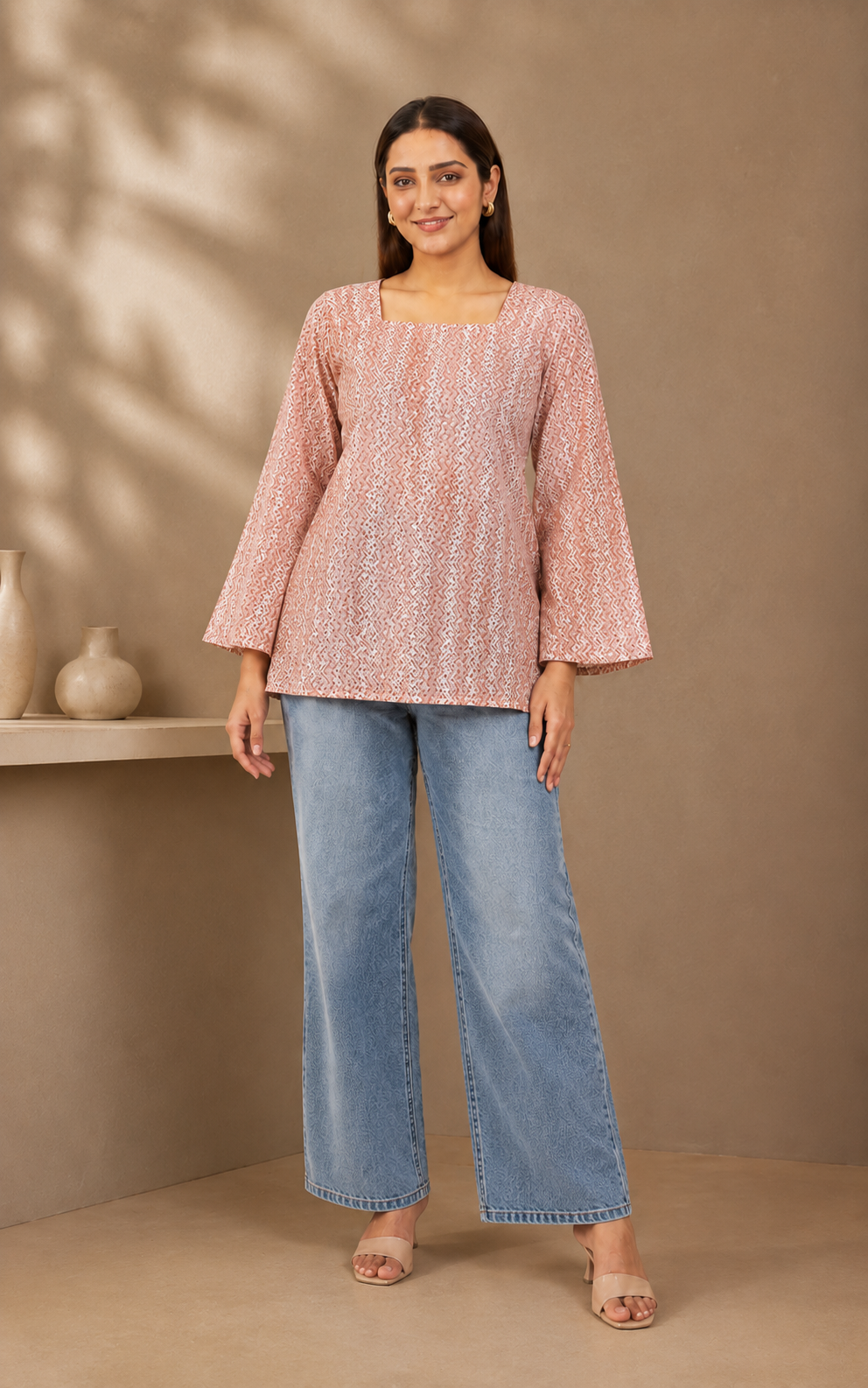 Blush Pink Geometric Print Short Kurti | Bell Sleeve Kurti — KUMAAI