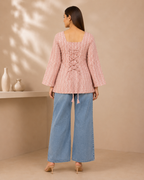 Blush Pink Geometric Print Short Kurti | Bell Sleeve Kurti — KUMAAI