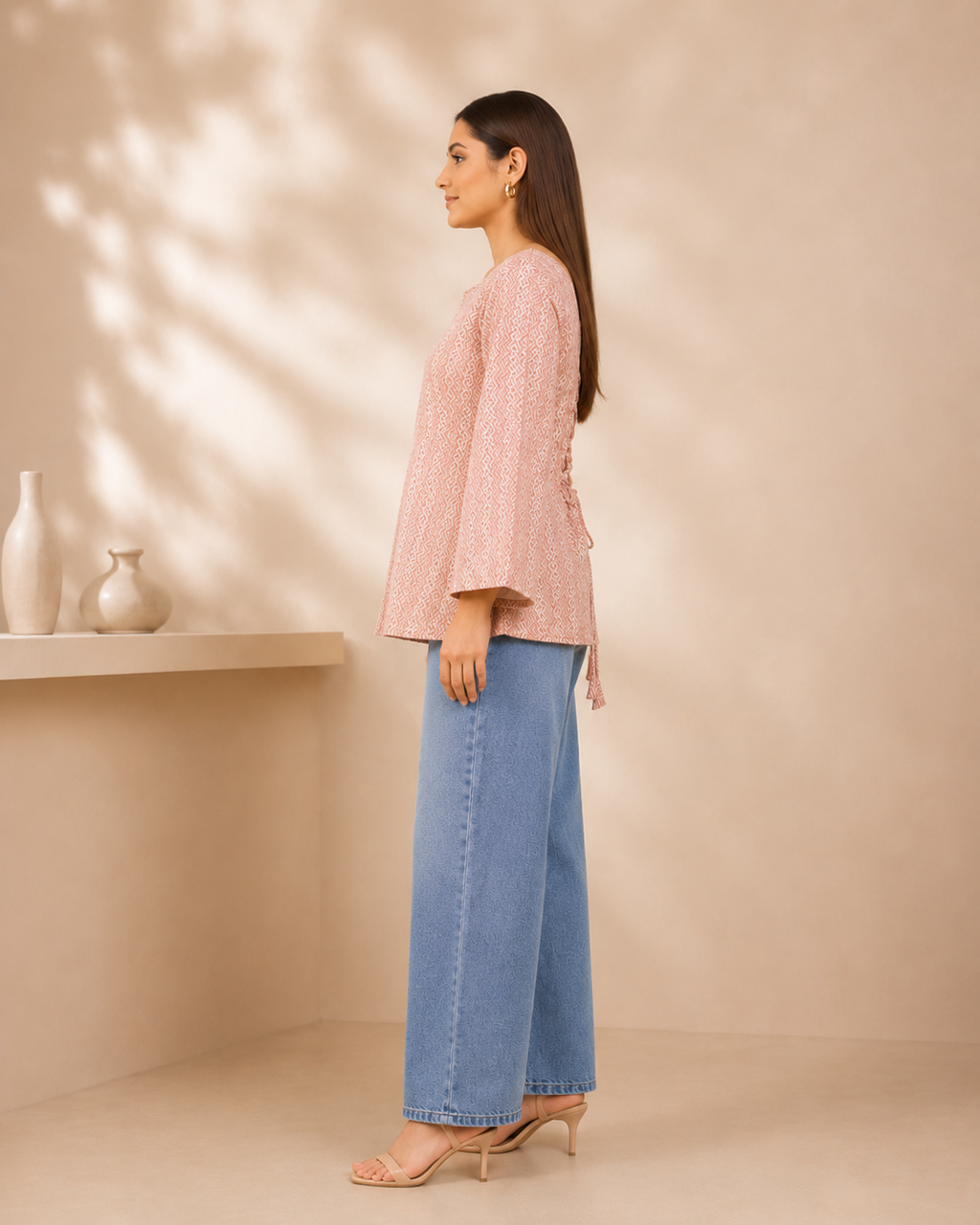 Blush Pink Geometric Print Short Kurti | Bell Sleeve Kurti — KUMAAI