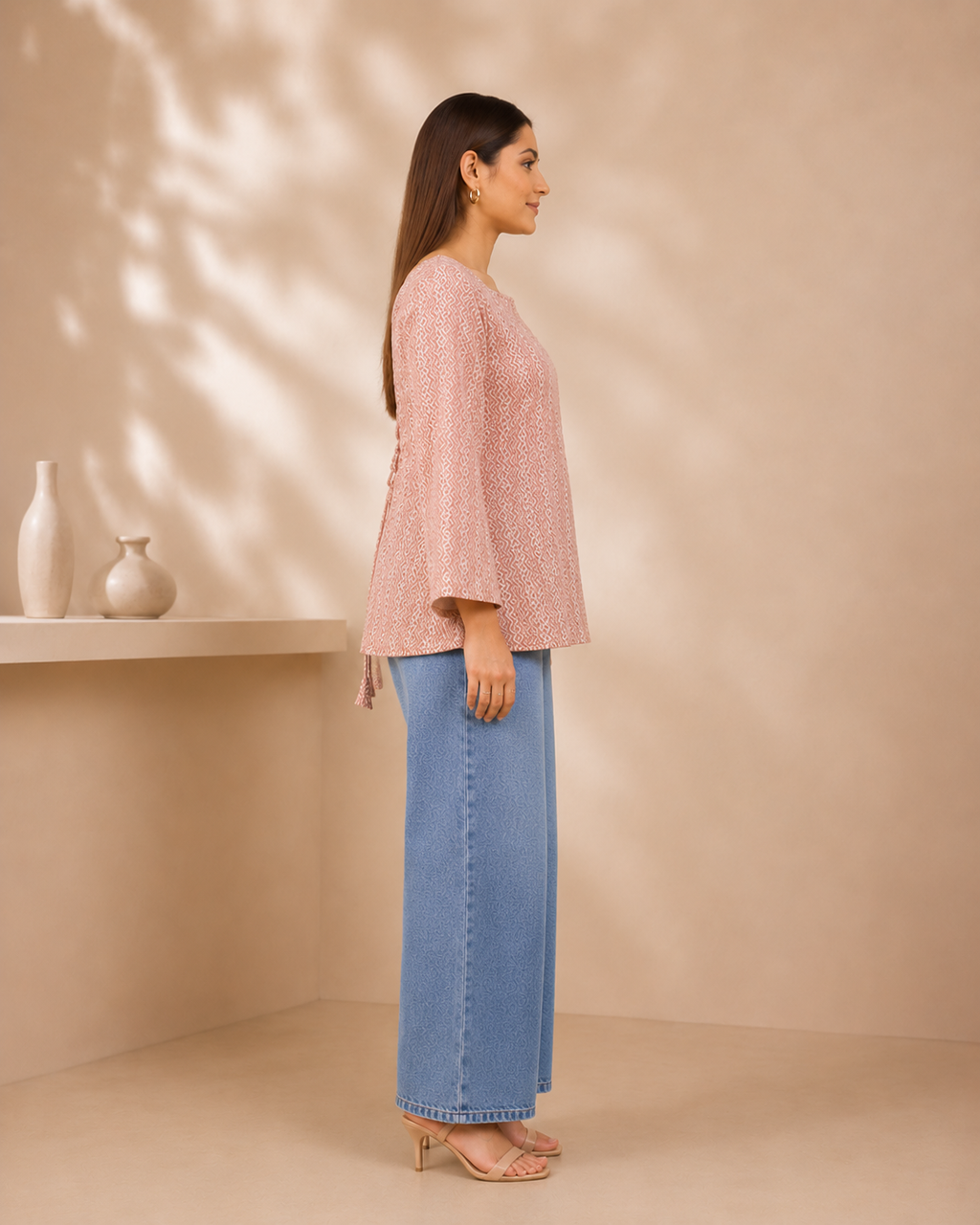Blush Pink Geometric Print Short Kurti | Bell Sleeve Kurti — KUMAAI
