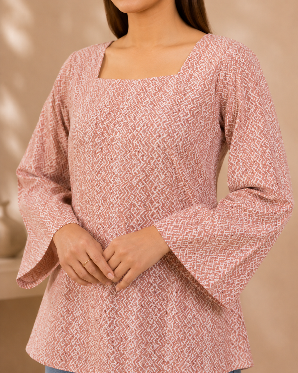 Blush Pink Geometric Print Short Kurti | Bell Sleeve Kurti — KUMAAI