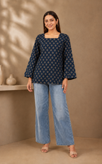 Indira Navy Boota Print Kurti | Bell Sleeve Back Dori Kurti — KUMAAI