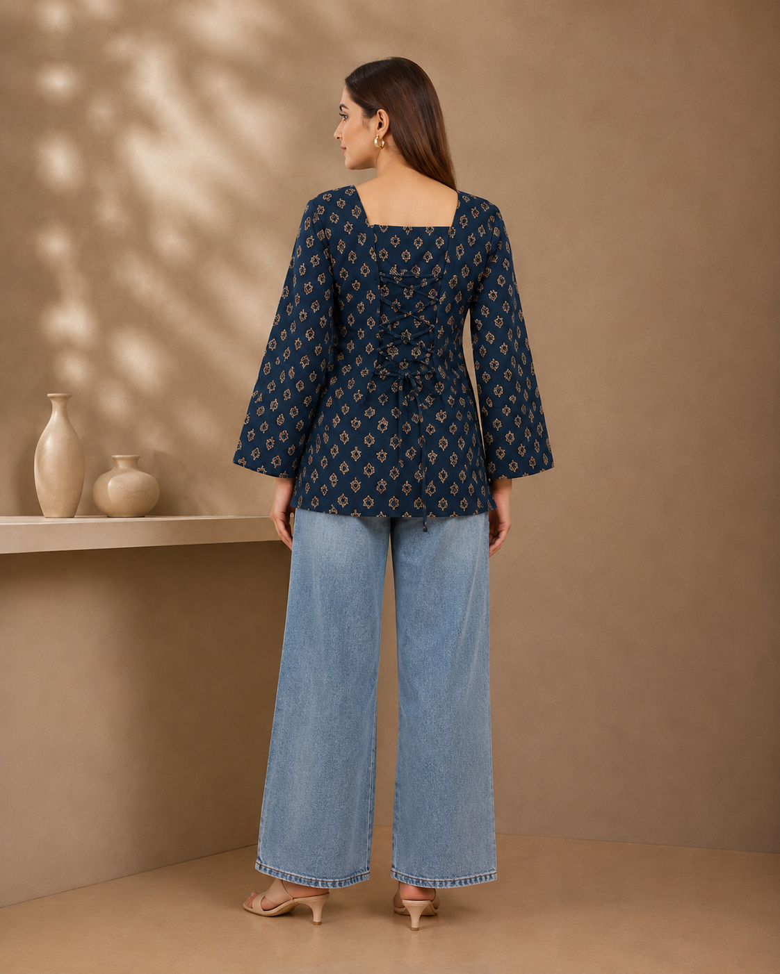Indira Navy Boota Print Kurti | Bell Sleeve Back Dori Kurti — KUMAAI