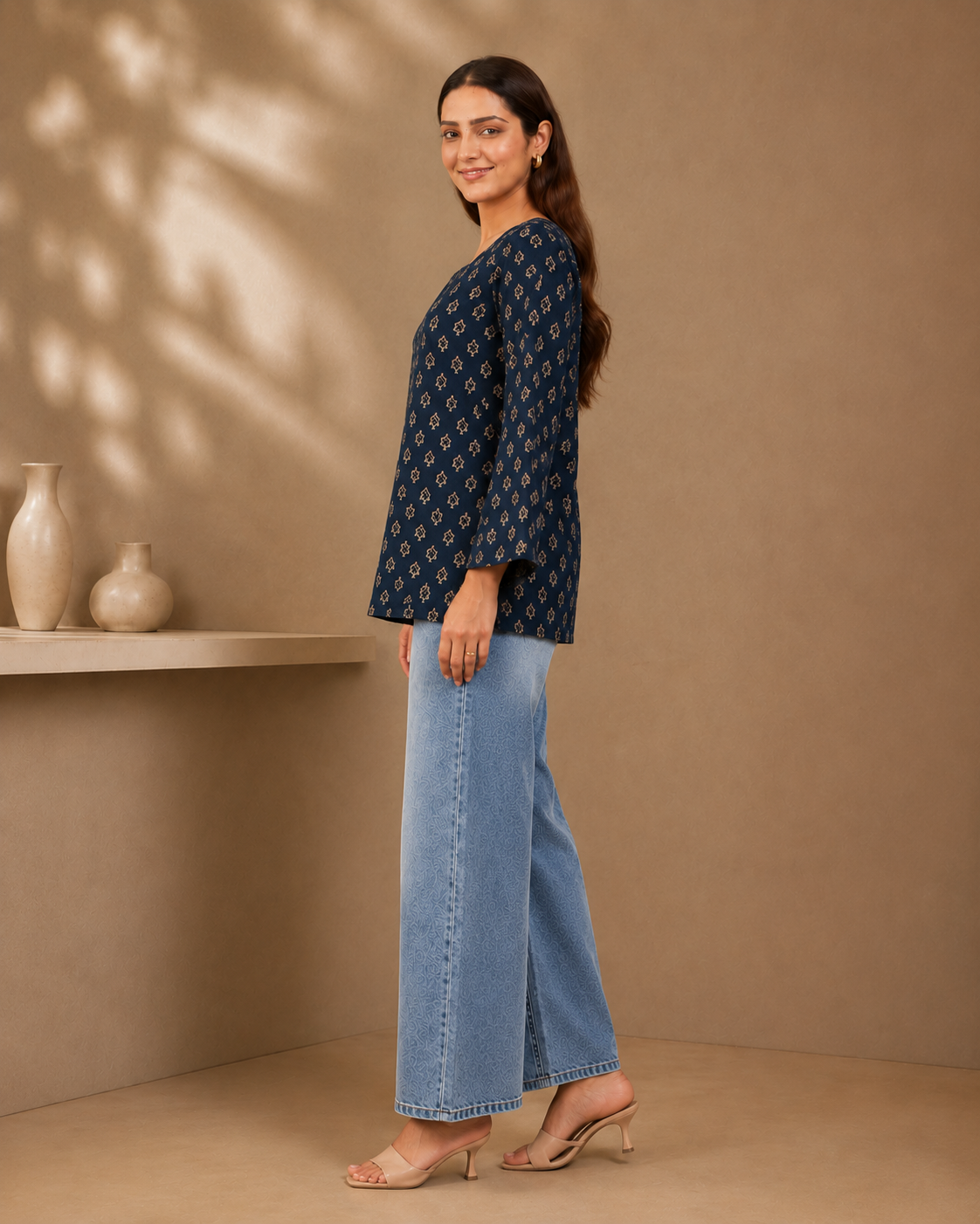 Indira Navy Boota Print Kurti | Bell Sleeve Back Dori Kurti — KUMAAI