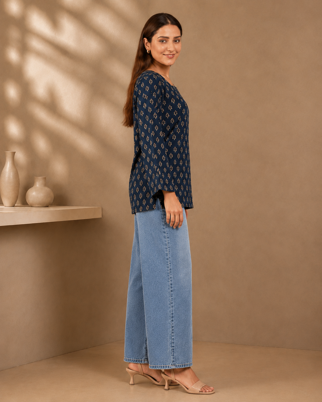 Indira Navy Boota Print Kurti | Bell Sleeve Back Dori Kurti — KUMAAI