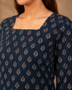 Indira Navy Boota Print Kurti | Bell Sleeve Back Dori Kurti — KUMAAI
