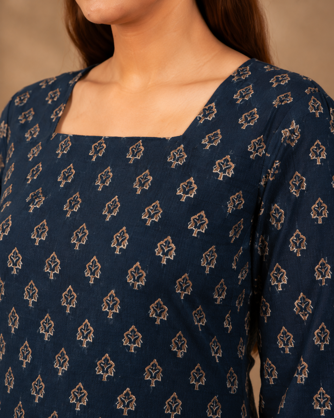 Indira Navy Boota Print Kurti | Bell Sleeve Back Dori Kurti — KUMAAI
