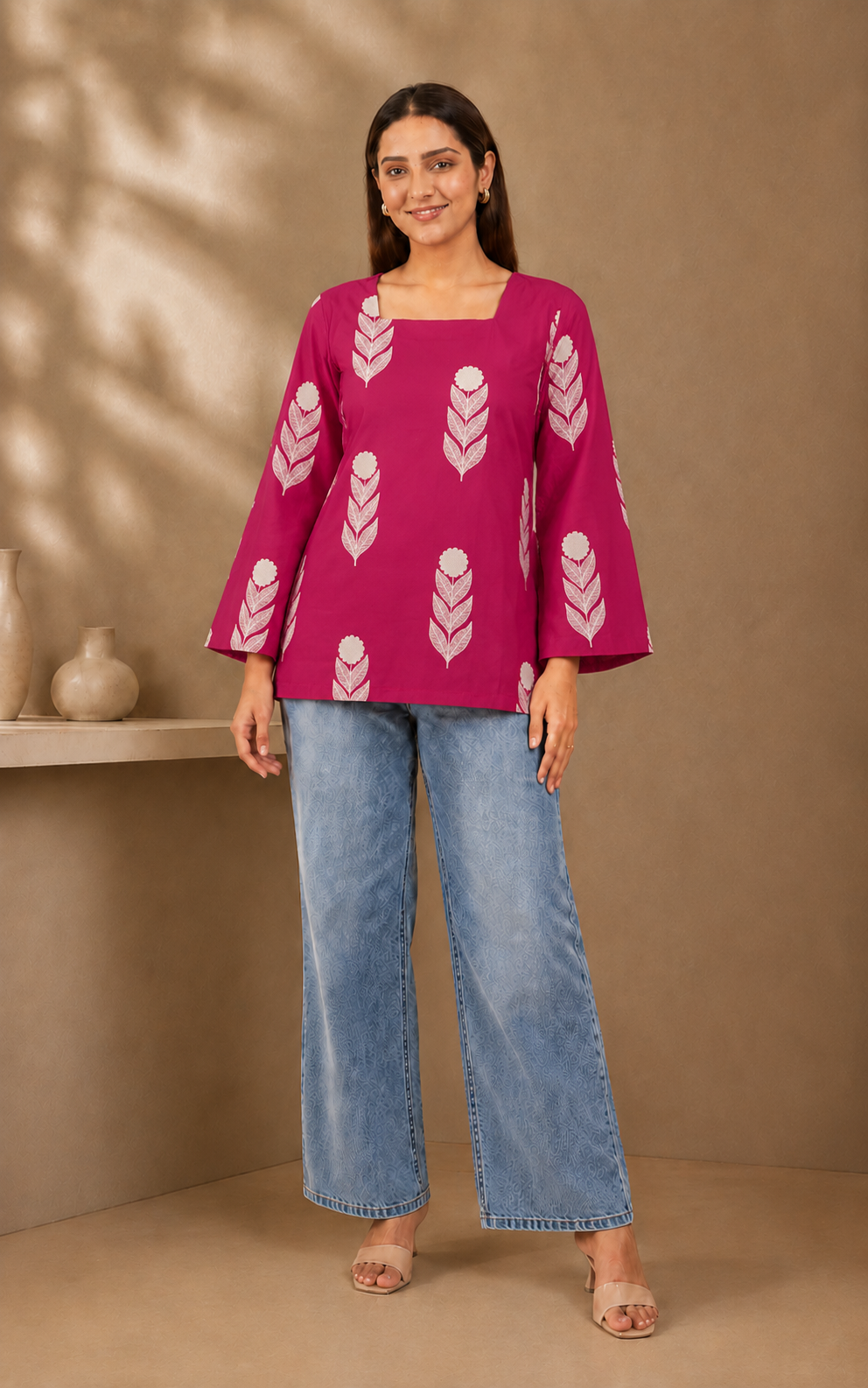 Berry Pink Floral Print Kurti | Bell Sleeve Cotton Kurti — KUMAAI