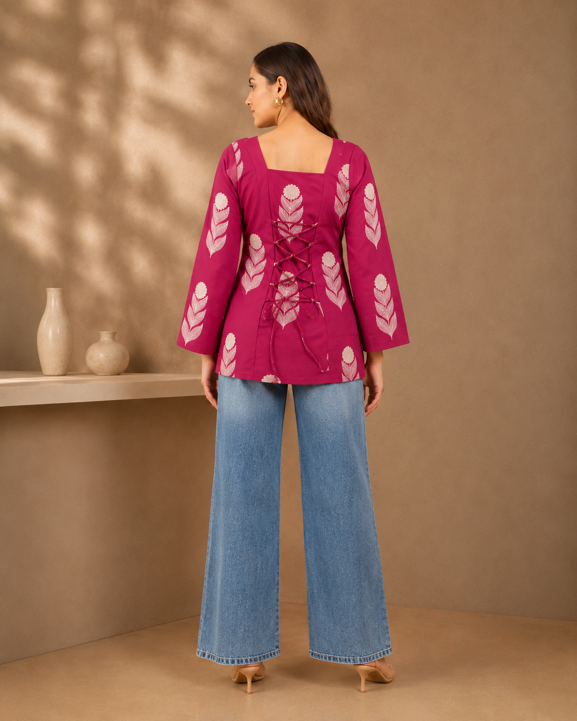 Berry Pink Floral Print Kurti | Bell Sleeve Cotton Kurti — KUMAAI