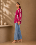 Berry Pink Floral Print Kurti | Bell Sleeve Cotton Kurti — KUMAAI