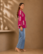 Berry Pink Floral Print Kurti | Bell Sleeve Cotton Kurti — KUMAAI