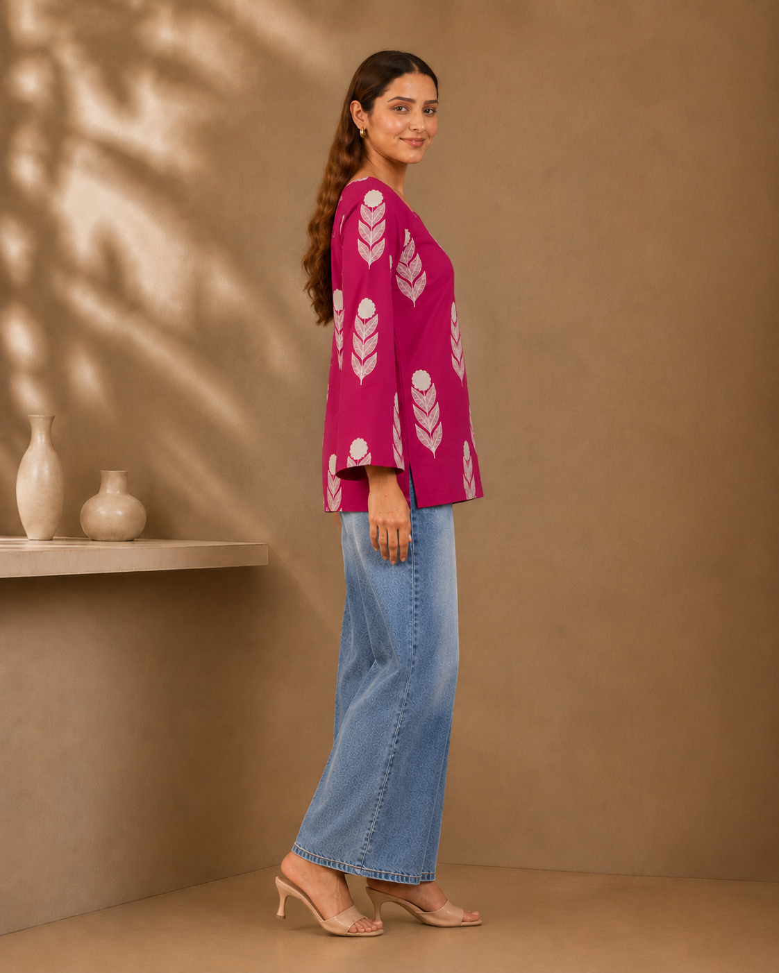 Berry Pink Floral Print Kurti | Bell Sleeve Cotton Kurti — KUMAAI