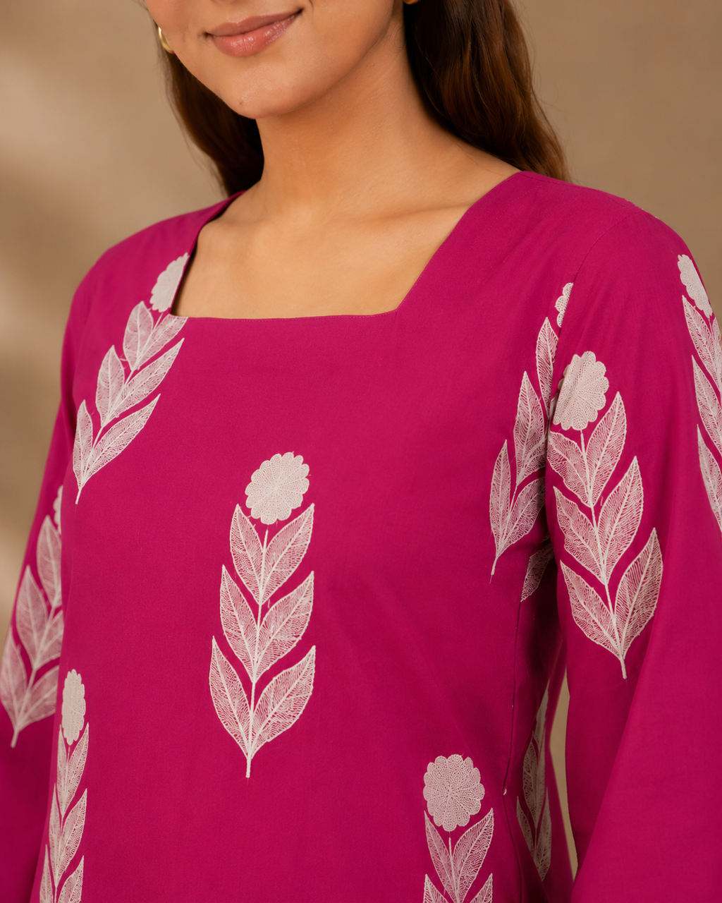 Berry Pink Floral Print Kurti | Bell Sleeve Cotton Kurti — KUMAAI