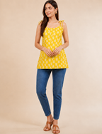Yellow Botanical Print Cotton Kurti | Shoulder Dori Tie Kurti — KUMAAI