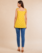 Yellow Botanical Print Cotton Kurti | Shoulder Dori Tie Kurti — KUMAAI