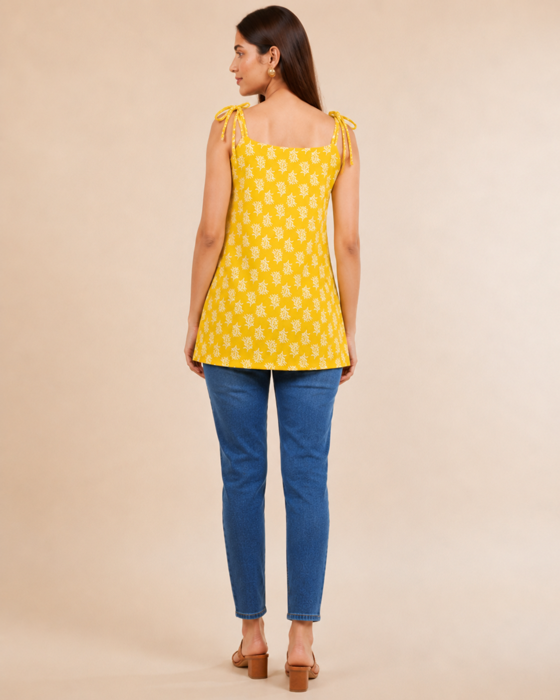 Yellow Botanical Print Cotton Kurti | Shoulder Dori Tie Kurti — KUMAAI