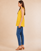 Yellow Botanical Print Cotton Kurti | Shoulder Dori Tie Kurti — KUMAAI