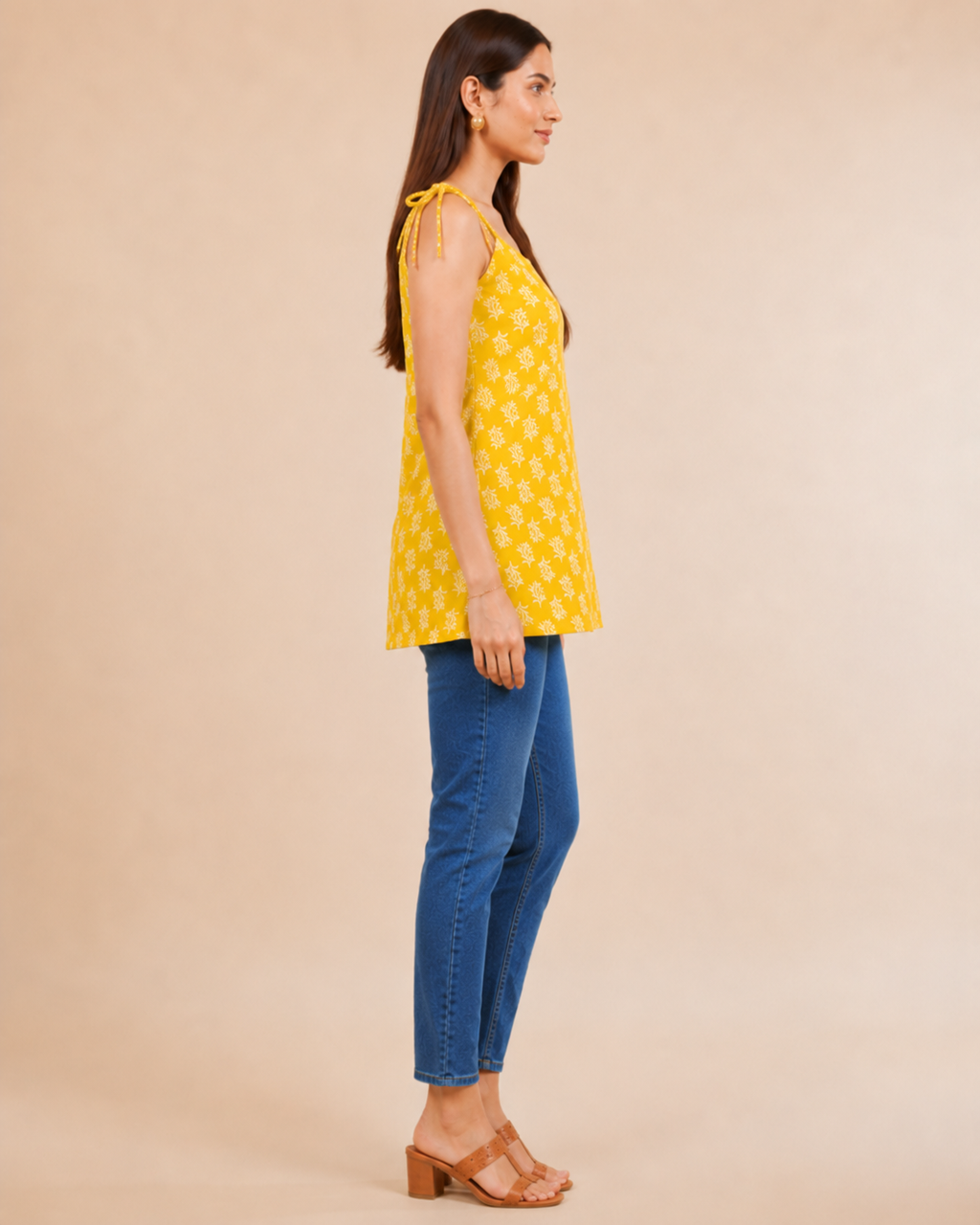 Yellow Botanical Print Cotton Kurti | Shoulder Dori Tie Kurti — KUMAAI