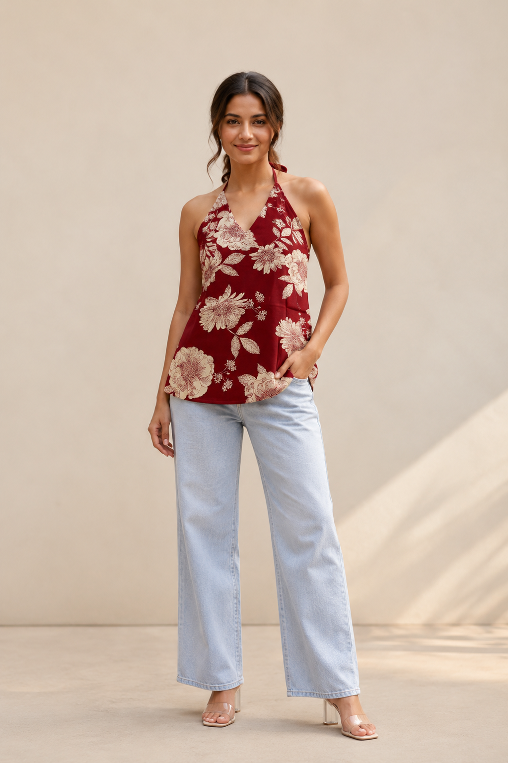 Crimson Red Floral Halter Neck Kurti | Corset Back Cotton Kurti — KUMAAI