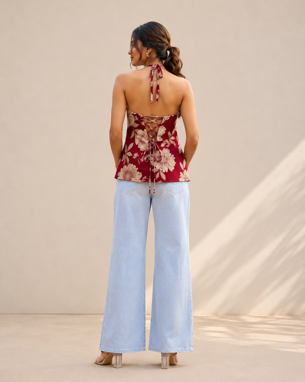 Crimson Red Floral Halter Neck Kurti | Corset Back Cotton Kurti — KUMAAI