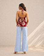 Crimson Red Floral Halter Neck Kurti | Corset Back Cotton Kurti — KUMAAI