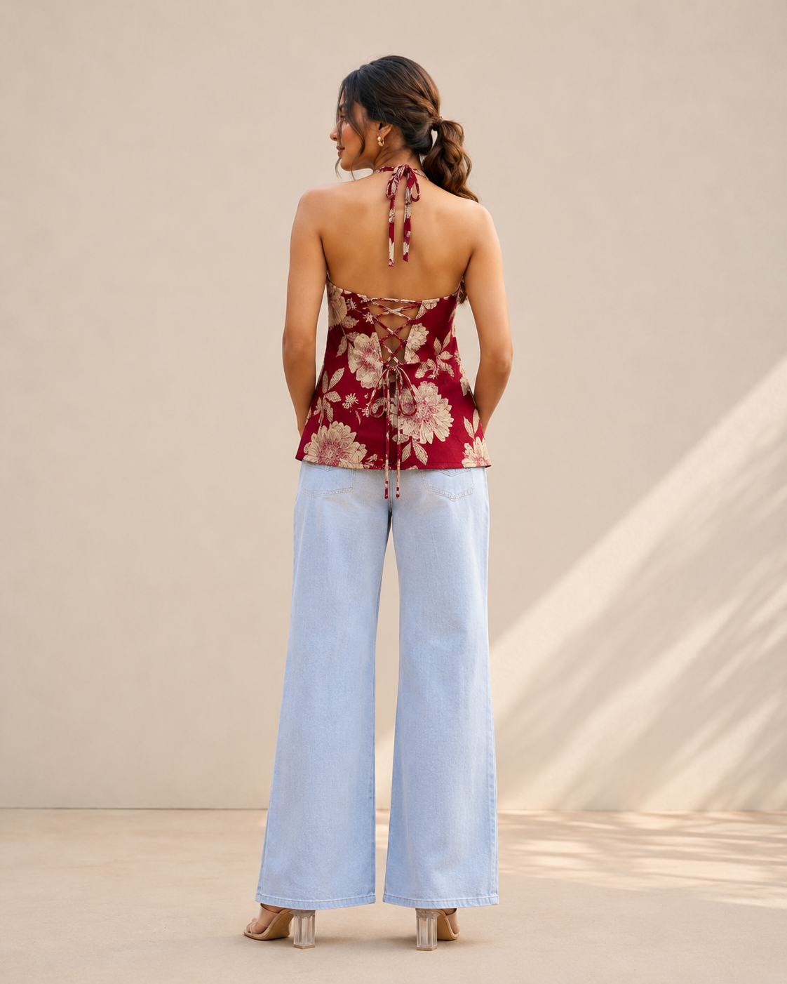 Crimson Red Floral Halter Neck Kurti | Corset Back Cotton Kurti — KUMAAI