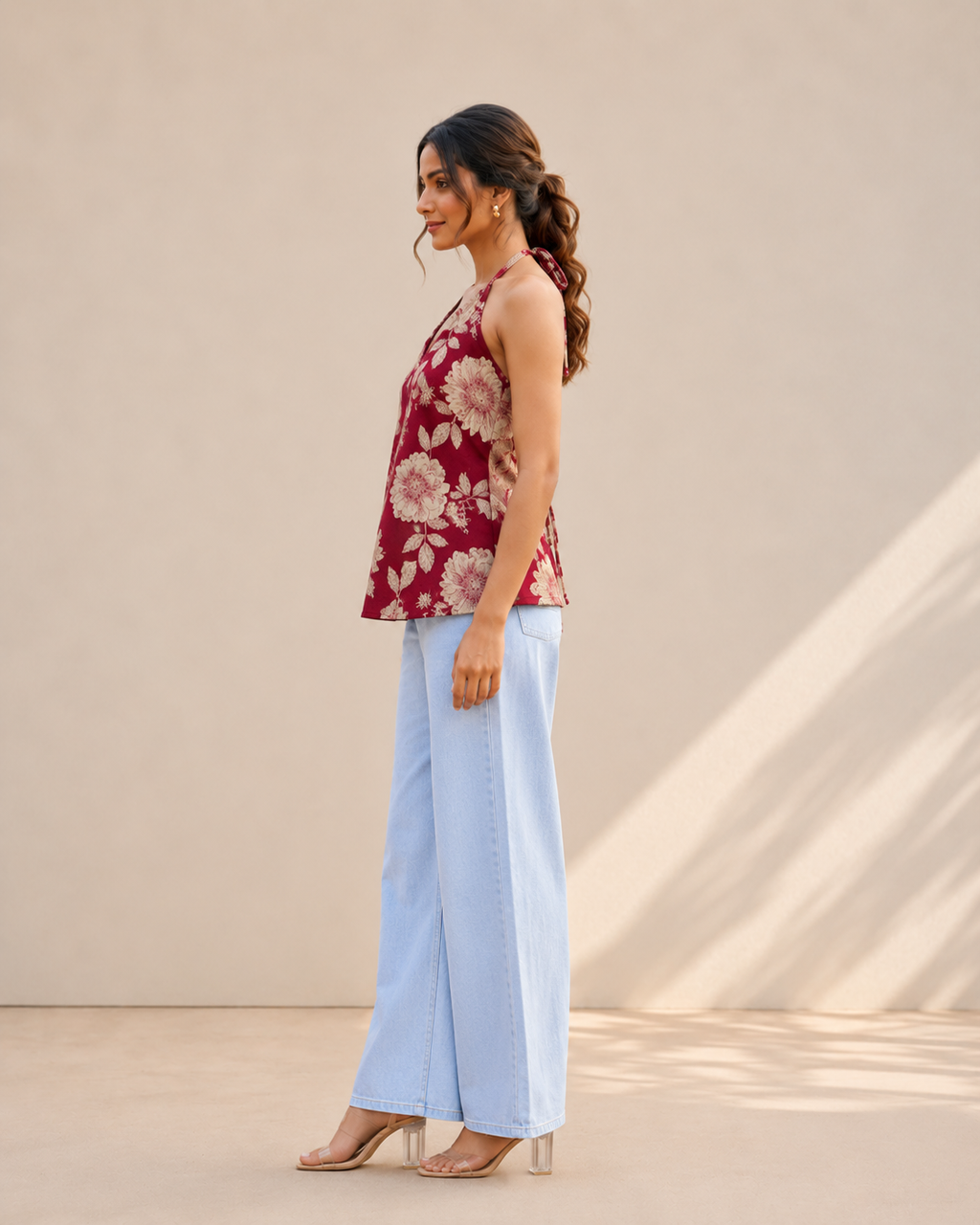 Crimson Red Floral Halter Neck Kurti | Corset Back Cotton Kurti — KUMAAI