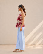 Crimson Red Floral Halter Neck Kurti | Corset Back Cotton Kurti — KUMAAI